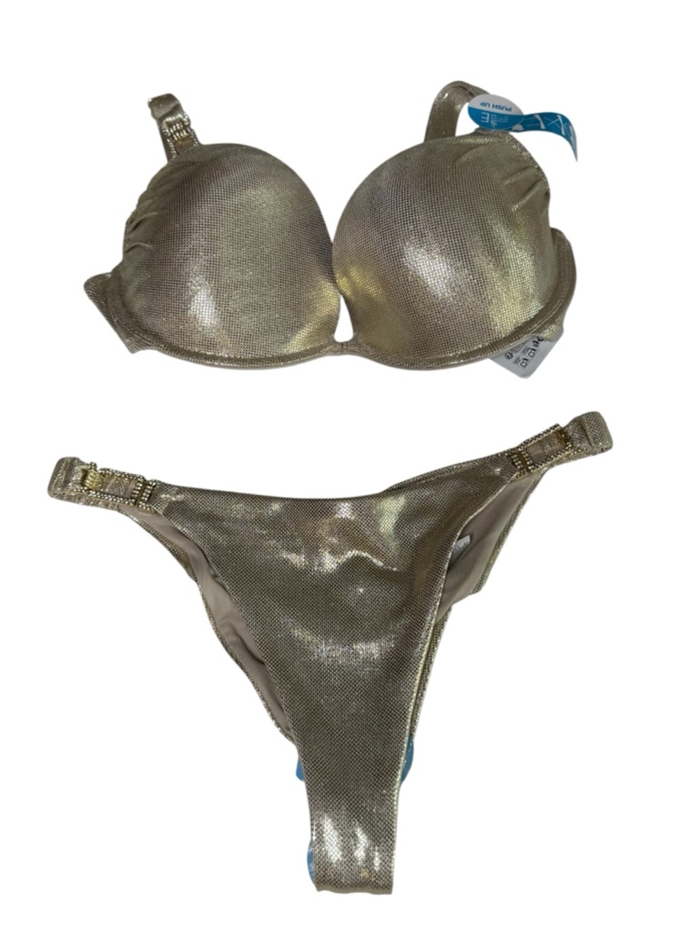 Censored Shimmery Gold Two-Piece Underwire Bikini Set with rhinestone details